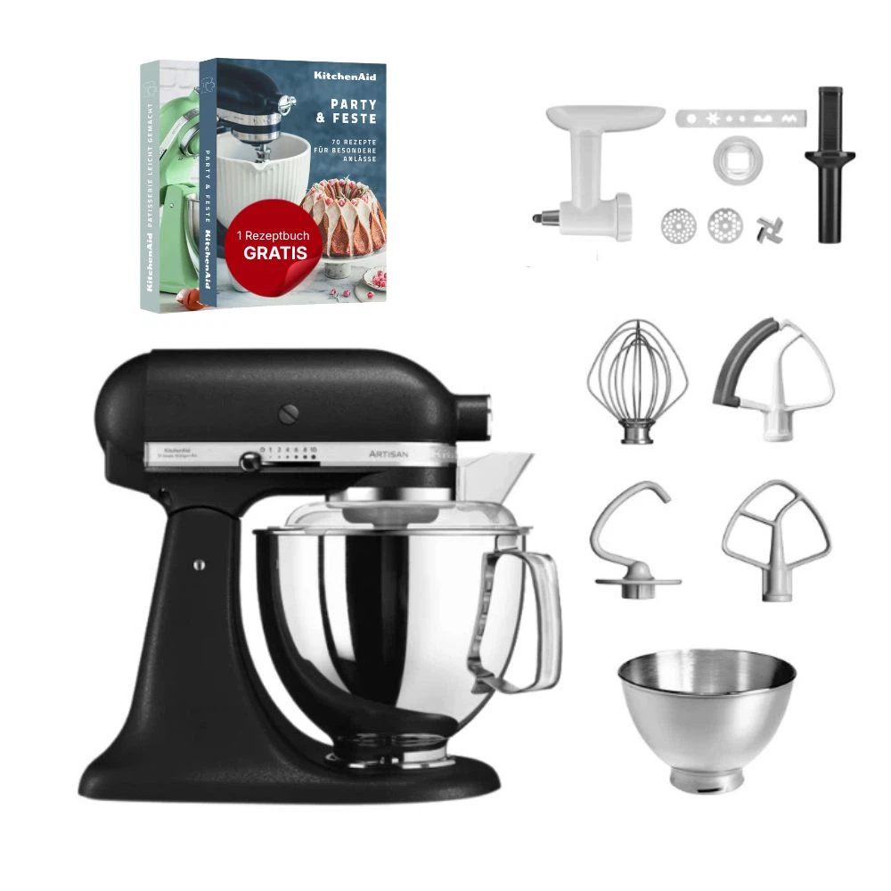 KitchenAid 4,8 L 5KSM175 Artisan Küchenmaschine Cookielover mit Fleischwolf+Spritzgebäckvorsatz-Gusseisen Schwarz