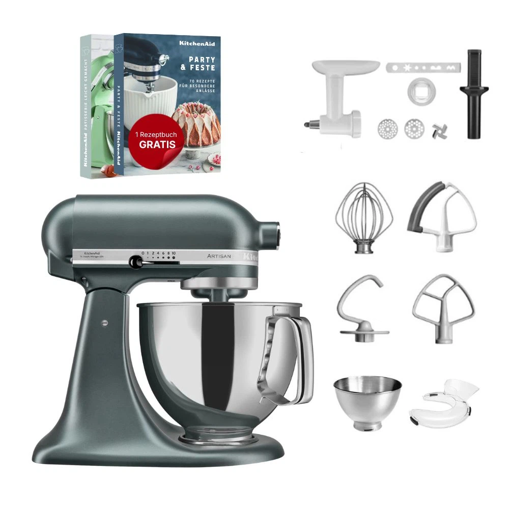 KitchenAid 4,8 L 5KSM175 Artisan Küchenmaschine Cookielover mit Fleischwolf+Spritzgebäckvorsatz-Juniper (Wacholder)