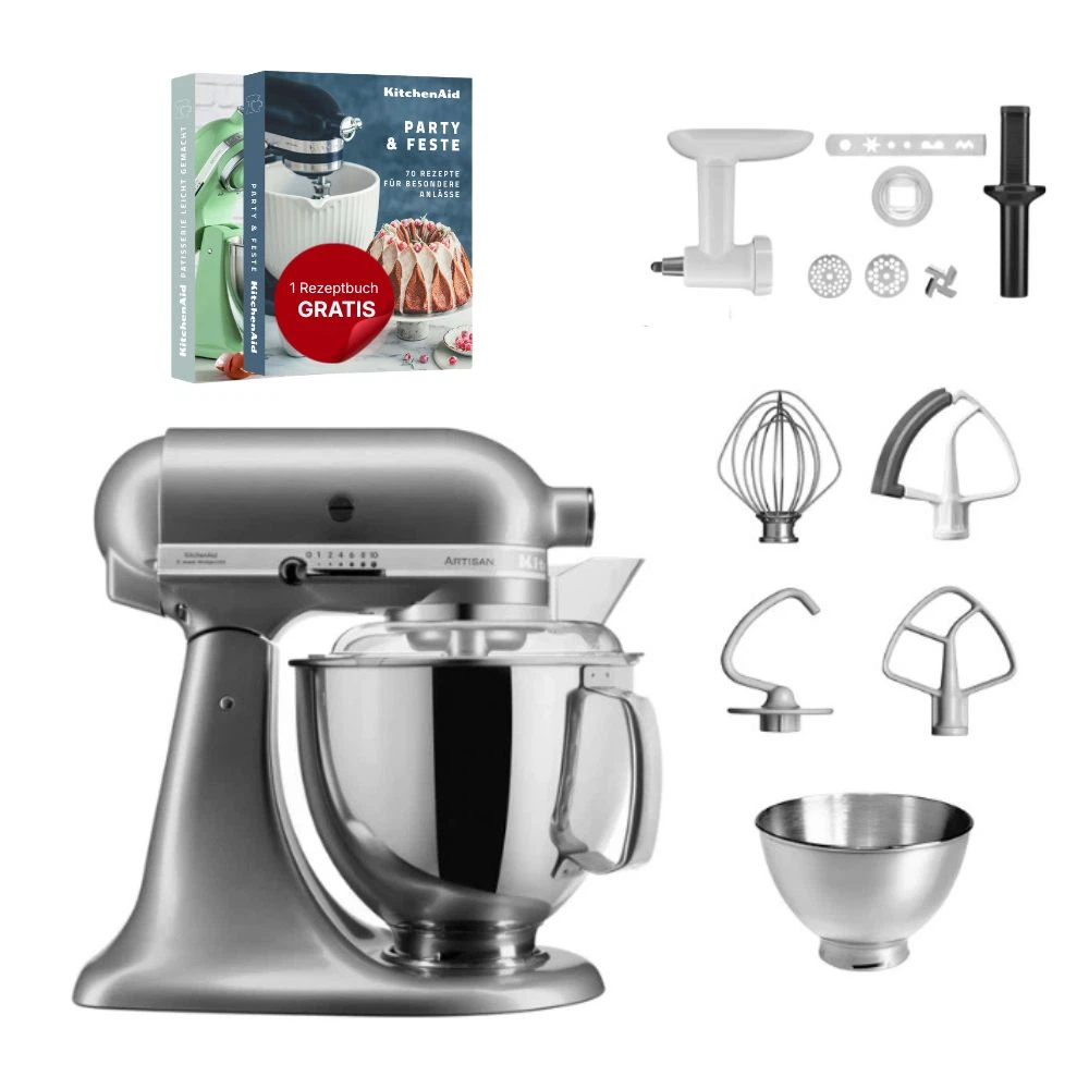 KitchenAid 4,8 L 5KSM175 Artisan Küchenmaschine Cookielover mit Fleischwolf+Spritzgebäckvorsatz-Kontursilber