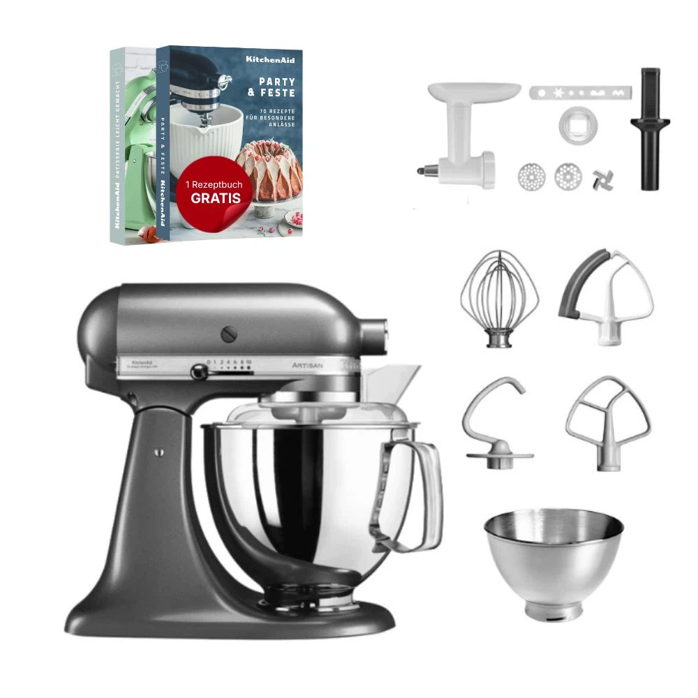 KitchenAid 4,8 L 5KSM175 Artisan Küchenmaschine Cookielover mit Fleischwolf+Spritzgebäckvorsatz-Medaillon Silber