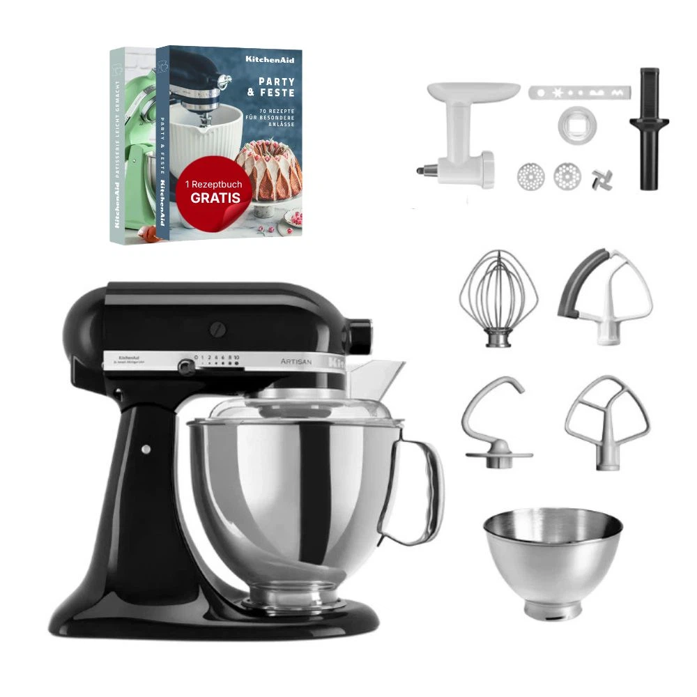 KitchenAid 4,8 L 5KSM175 Artisan Küchenmaschine Cookielover mit Fleischwolf+Spritzgebäckvorsatz-Onyx Schwarz
