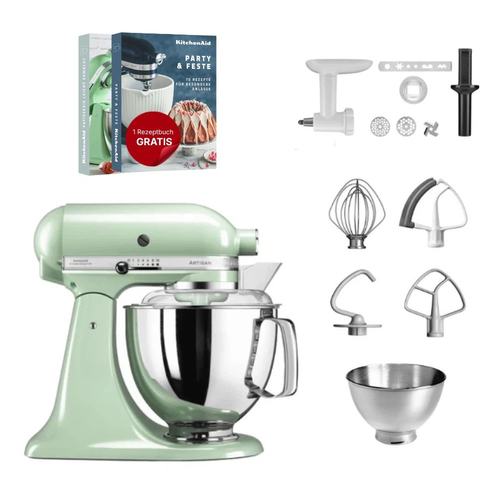 KitchenAid 4,8 L 5KSM175 Artisan Küchenmaschine Cookielover mit Fleischwolf+Spritzgebäckvorsatz-Pistazie