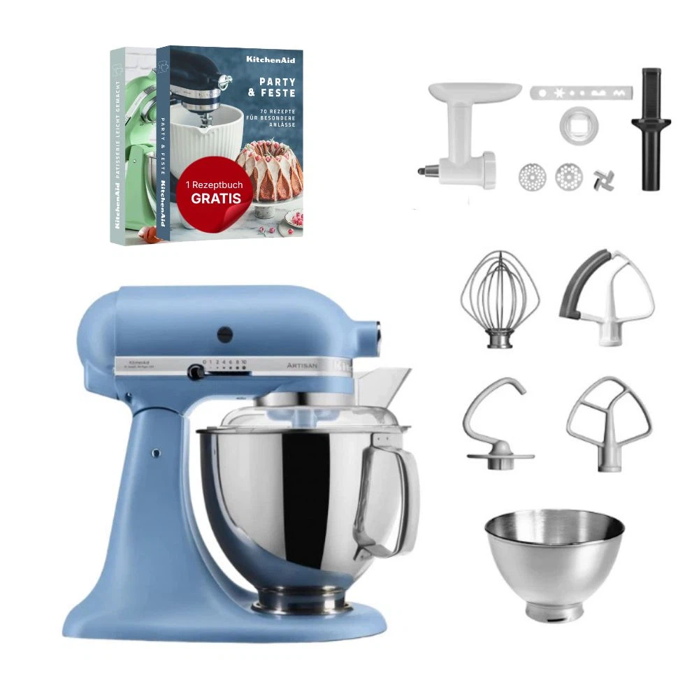 KitchenAid 4,8 L 5KSM175 Artisan Küchenmaschine Cookielover mit Fleischwolf+Spritzgebäckvorsatz-Vintage Blue