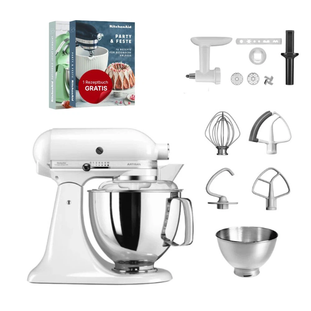 KitchenAid 4,8 L 5KSM175 Artisan Küchenmaschine Cookielover mit Fleischwolf+Spritzgebäckvorsatz-Weiß
