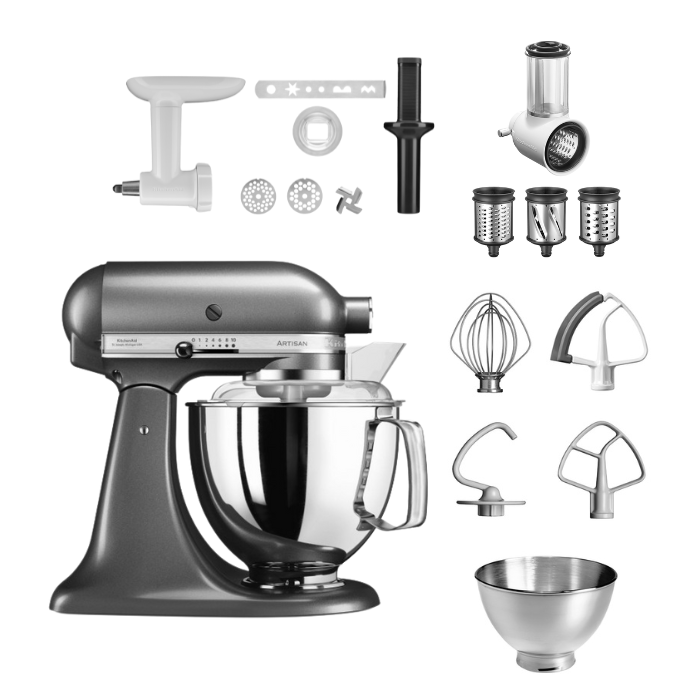 KitchenAid 4,8 L 5KSM175 Artisan Küchenmaschine Allrounderset mit Gemüseschneider+Fleischwolf+Spritzge-Medaillion Silber