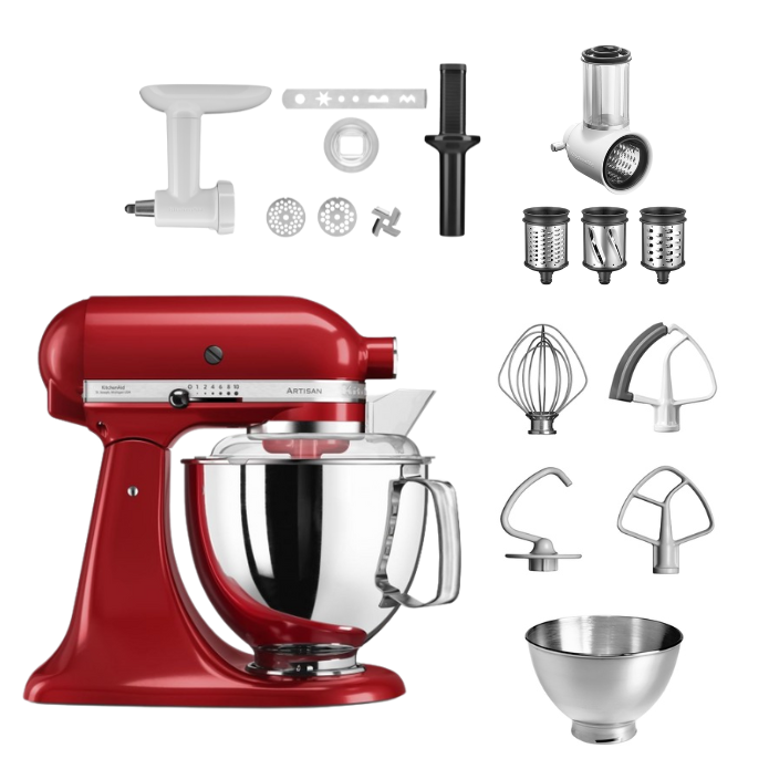 KitchenAid 4,8 L 5KSM175 Artisan Küchenmaschine Allrounderset mit Gemüseschneider+Fleischwolf+Spritzge-Empire Rot