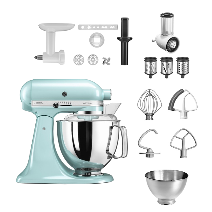 KitchenAid 4,8 L 5KSM175 Artisan Küchenmaschine Allrounderset mit Gemüseschneider+Fleischwolf+Spritzge-Eisblau