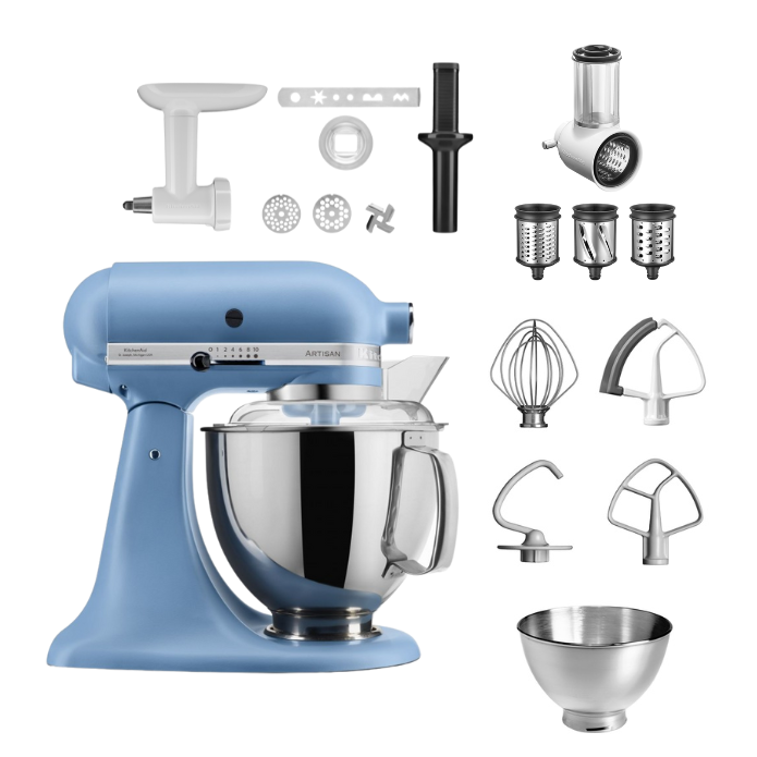 KitchenAid 4,8 L 5KSM175 Artisan Küchenmaschine Allrounderset mit Gemüseschneider+Fleischwolf+Spritzge-Vintage Blue