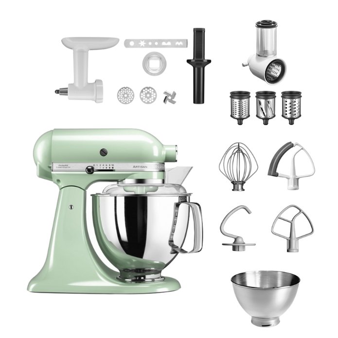 KitchenAid 4,8 L 5KSM175 Artisan Küchenmaschine Allrounderset mit Gemüseschneider+Fleischwolf+Spritzge-Pistazie