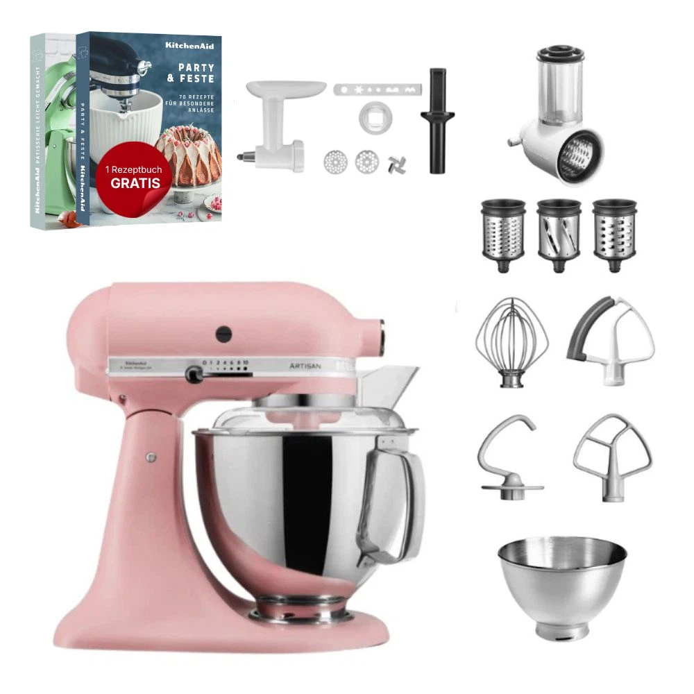 KitchenAid 4,8 L 5KSM175 Artisan Küchenmaschine Allrounderset mit Gemüseschneider+Fleischwolf+Spritzge-Altrosa
