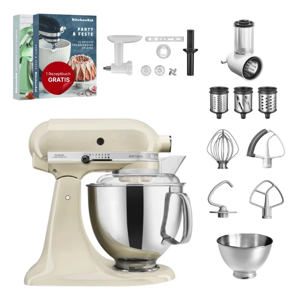 KitchenAid 4,8 L 5KSM175 Artisan Küchenmaschine Allrounderset mit Gemüseschneider+Fleischwolf+Spritzge-Crème