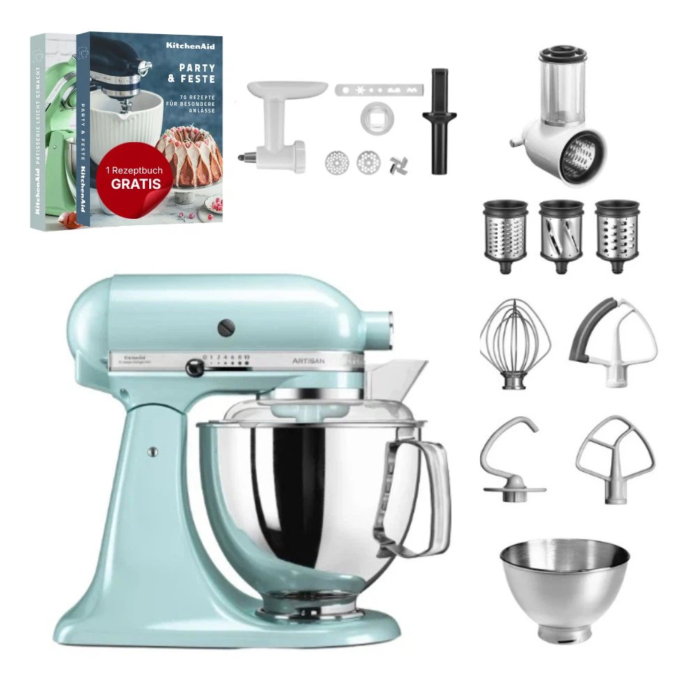 KitchenAid 4,8 L 5KSM175 Artisan Küchenmaschine Allrounderset mit Gemüseschneider+Fleischwolf+Spritzge-Eisblau