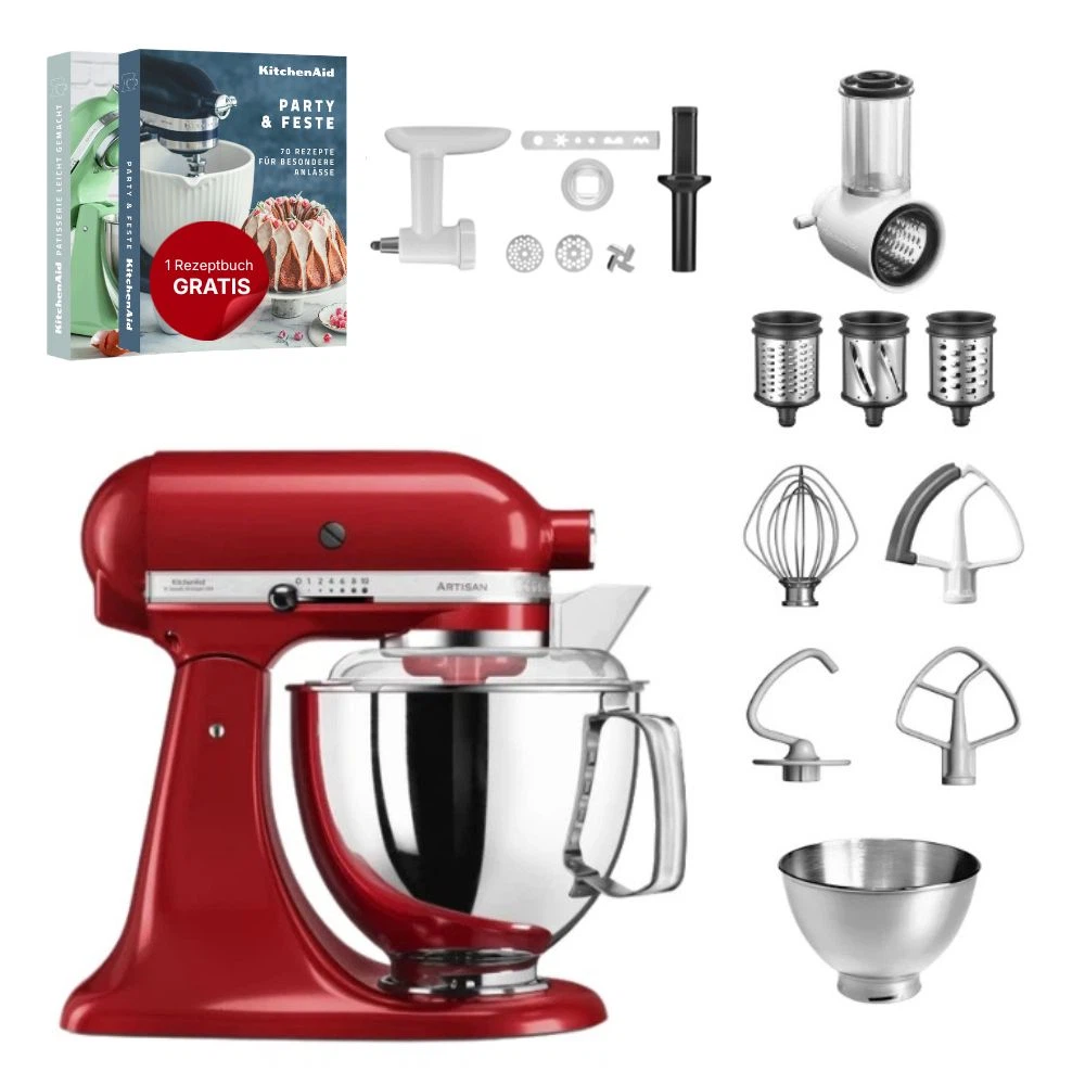KitchenAid 4,8 L 5KSM175 Artisan Küchenmaschine Allrounderset mit Gemüseschneider+Fleischwolf+Spritzge-Empire Rot