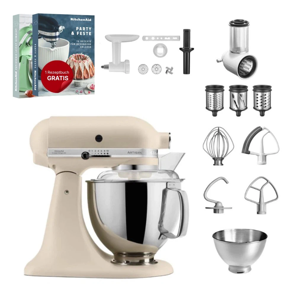 KitchenAid 4,8 L 5KSM175 Artisan Küchenmaschine Allrounderset mit Gemüseschneider+Fleischwolf+Spritzge-Fresh Linen