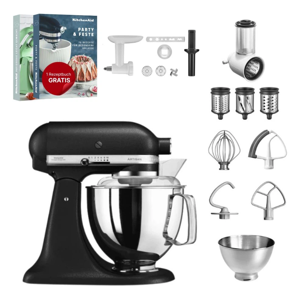 KitchenAid 4,8 L 5KSM175 Artisan Küchenmaschine Allrounderset mit Gemüseschneider+Fleischwolf+Spritzge-Gusseisen Schwarz