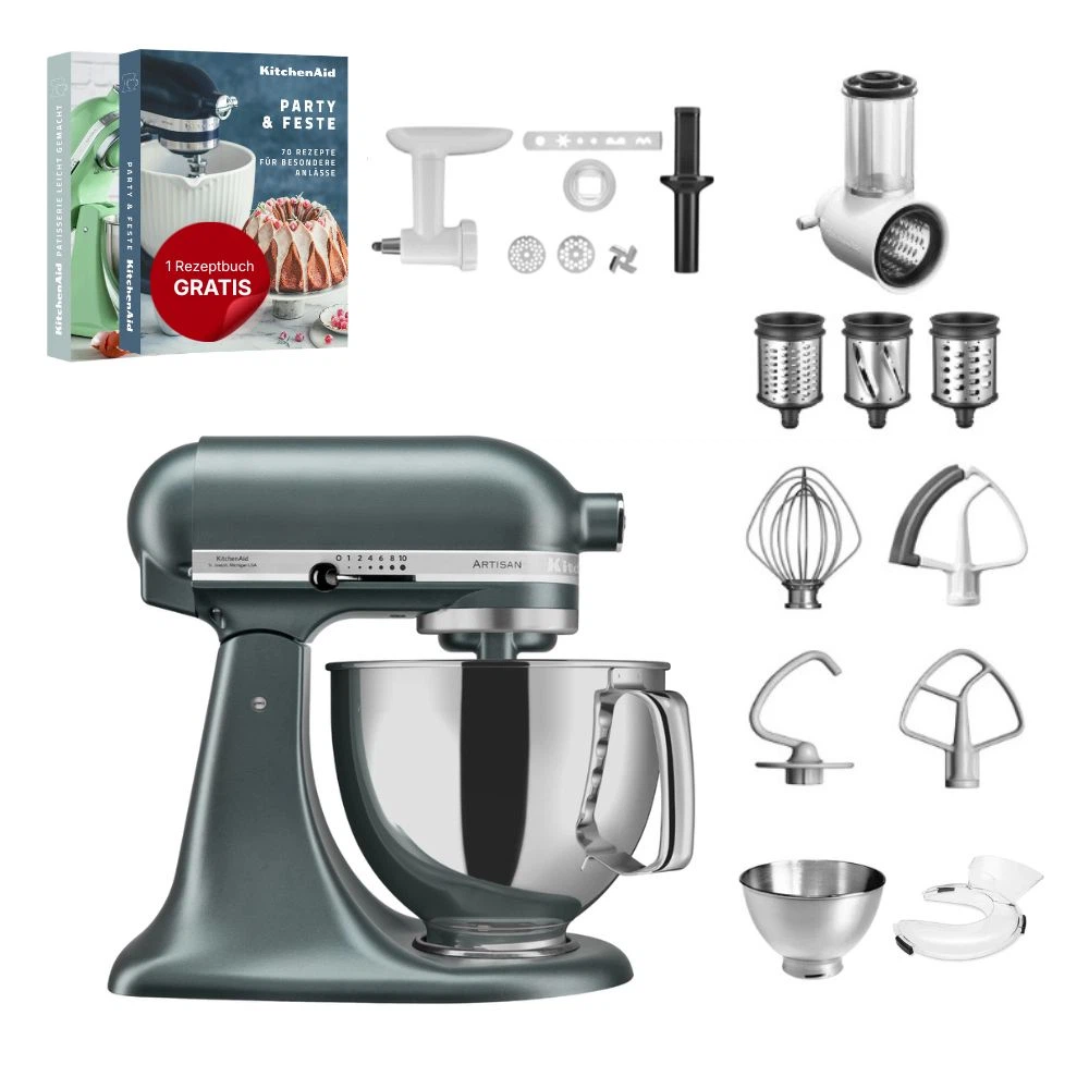 KitchenAid 4,8 L 5KSM175 Artisan Küchenmaschine Allrounderset mit Gemüseschneider+Fleischwolf+Spritzge-Juniper (Wacholder)
