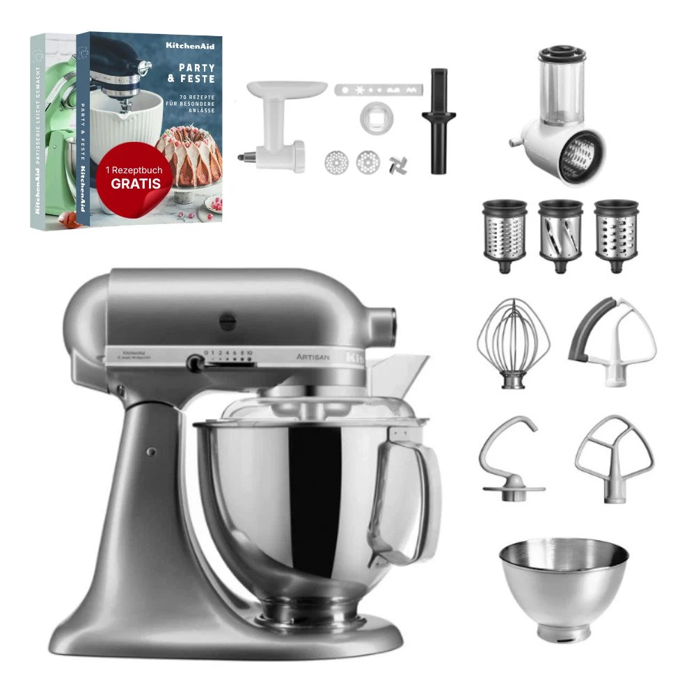 KitchenAid 4,8 L 5KSM175 Artisan Küchenmaschine Allrounderset mit Gemüseschneider+Fleischwolf+Spritzge-Kontursilber