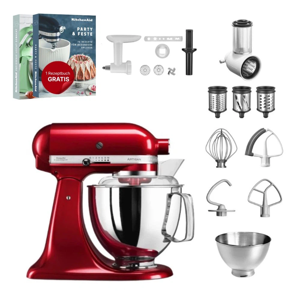 KitchenAid 4,8 L 5KSM175 Artisan Küchenmaschine Allrounderset mit Gemüseschneider+Fleischwolf+Spritzge-Liebesapfelrot