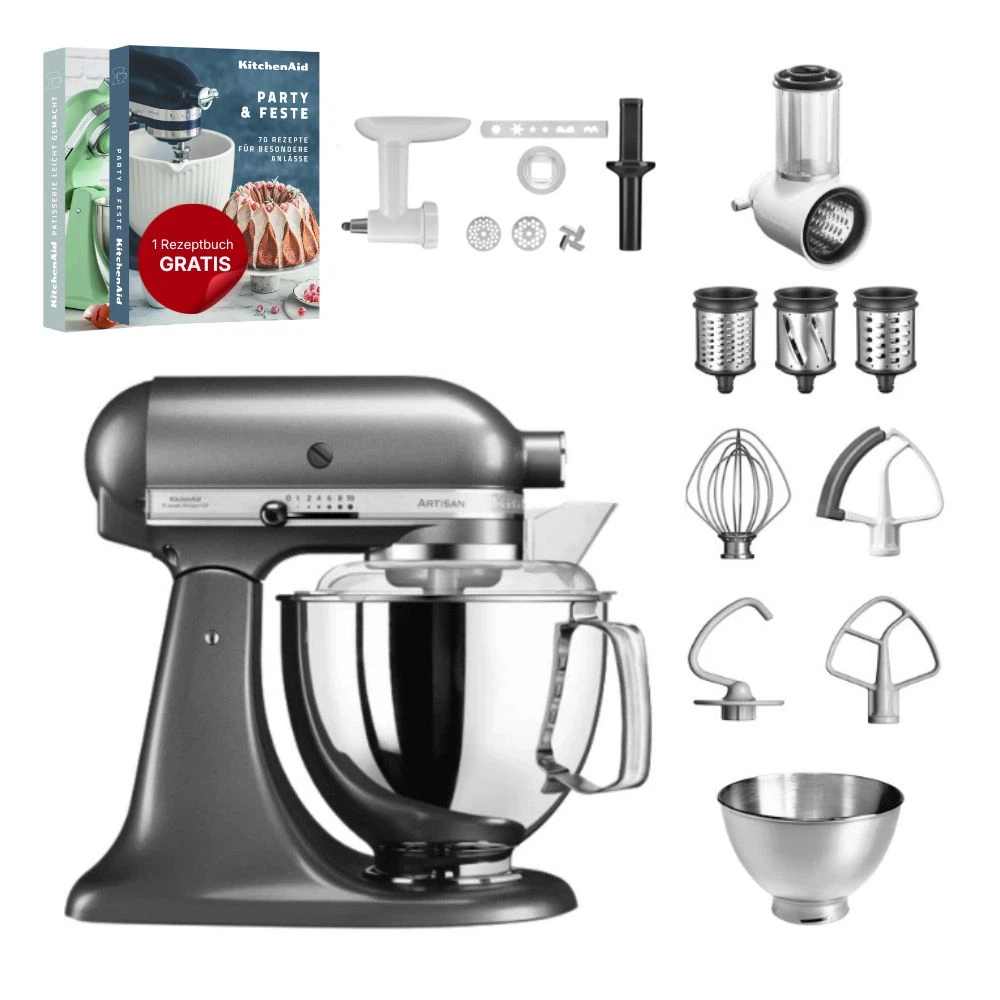 KitchenAid 4,8 L 5KSM175 Artisan Küchenmaschine Allrounderset mit Gemüseschneider+Fleischwolf+Spritzge-Medaillon Silber