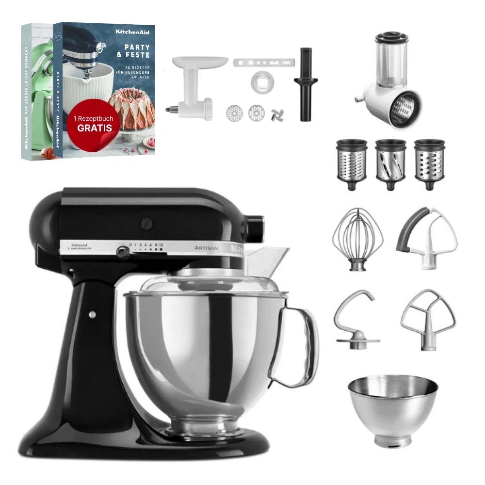 KitchenAid 4,8 L 5KSM175 Artisan Küchenmaschine Allrounderset mit Gemüseschneider+Fleischwolf+Spritzge-Onyx Schwarz