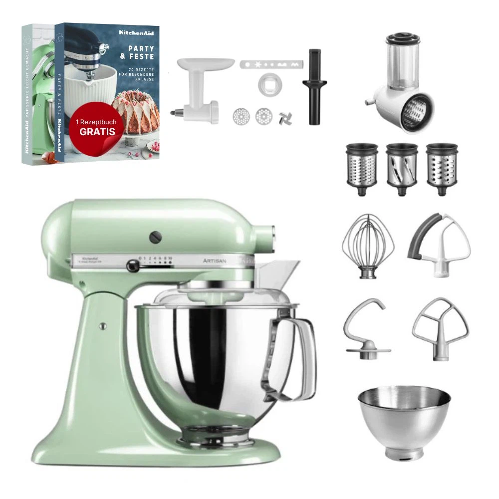 KitchenAid 4,8 L 5KSM175 Artisan Küchenmaschine Allrounderset mit Gemüseschneider+Fleischwolf+Spritzge-Pistazie