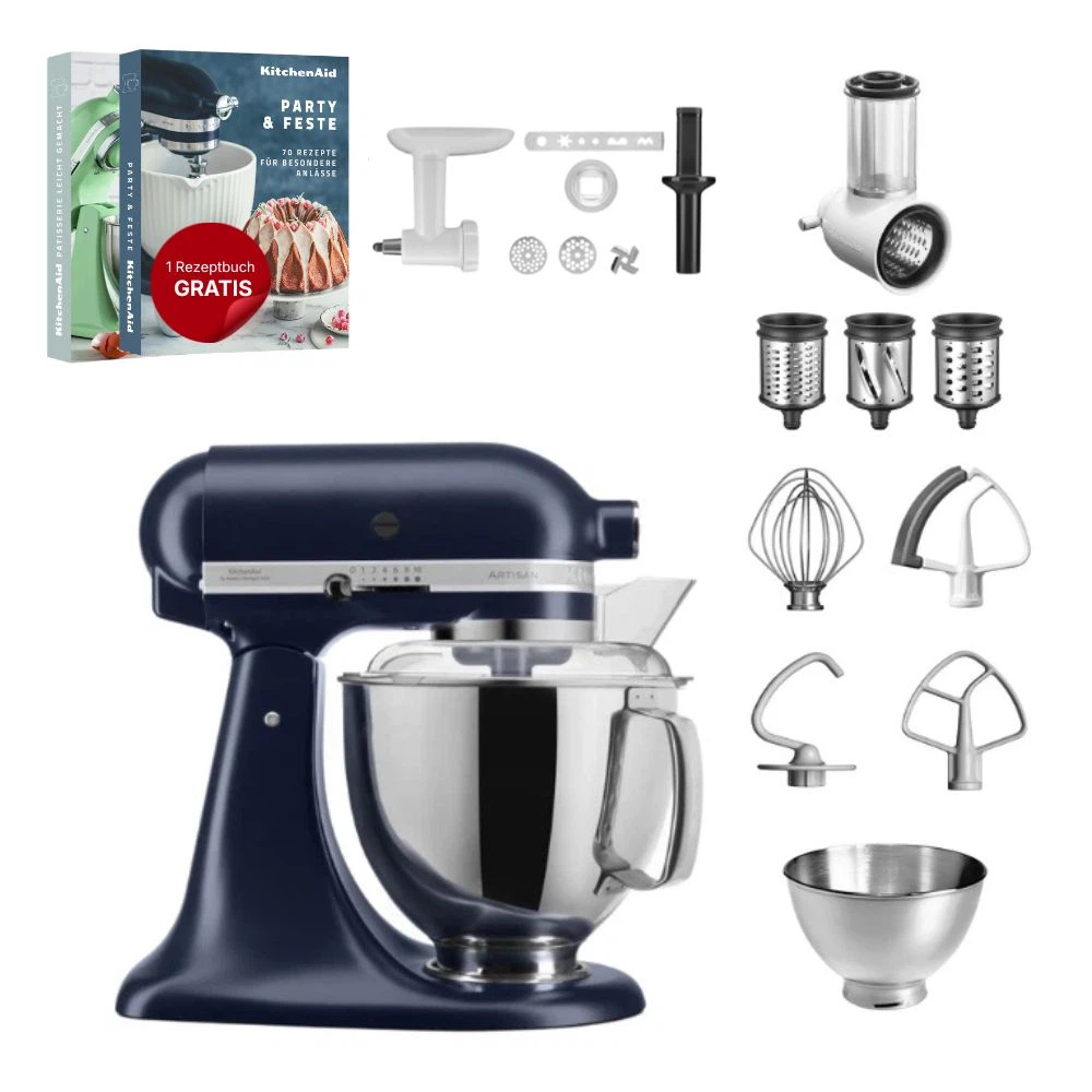 KitchenAid 4,8 L 5KSM175 Artisan Küchenmaschine Allrounderset mit Gemüseschneider+Fleischwolf+Spritzge-Tintenblau