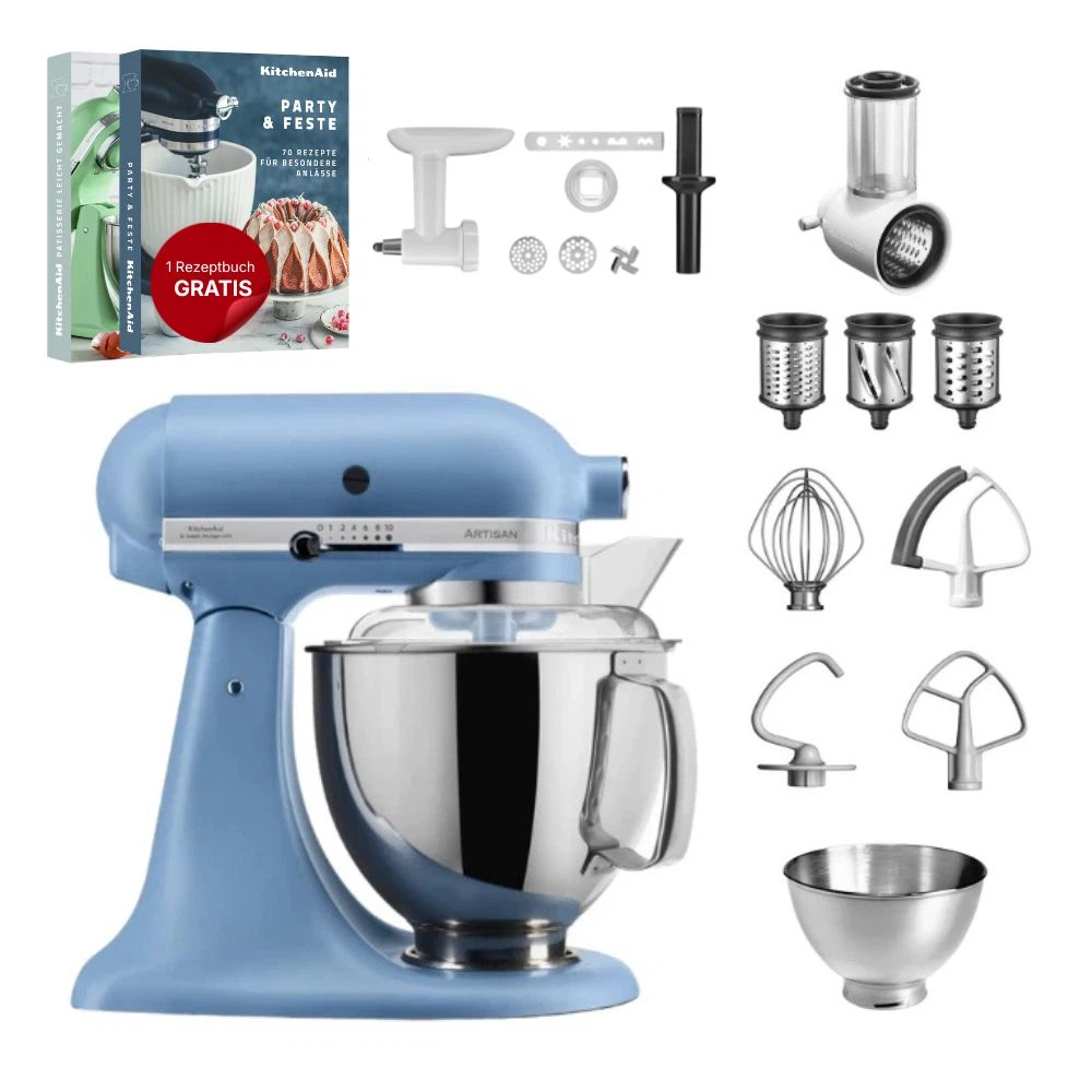 KitchenAid 4,8 L 5KSM175 Artisan Küchenmaschine Allrounderset mit Gemüseschneider+Fleischwolf+Spritzge-Vintage Blue
