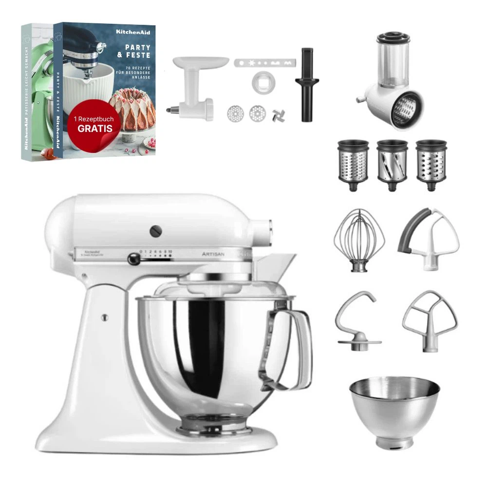 KitchenAid 4,8 L 5KSM175 Artisan Küchenmaschine Allrounderset mit Gemüseschneider+Fleischwolf+Spritzge-Weiß