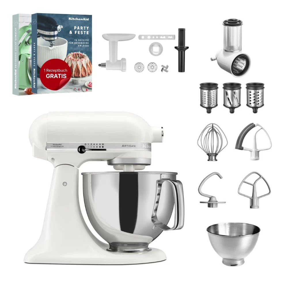 KitchenAid 4,8 L 5KSM175 Artisan Küchenmaschine Allrounderset mit Gemüseschneider+Fleischwolf+Spritzgebäckvorsatz-Porcelain White