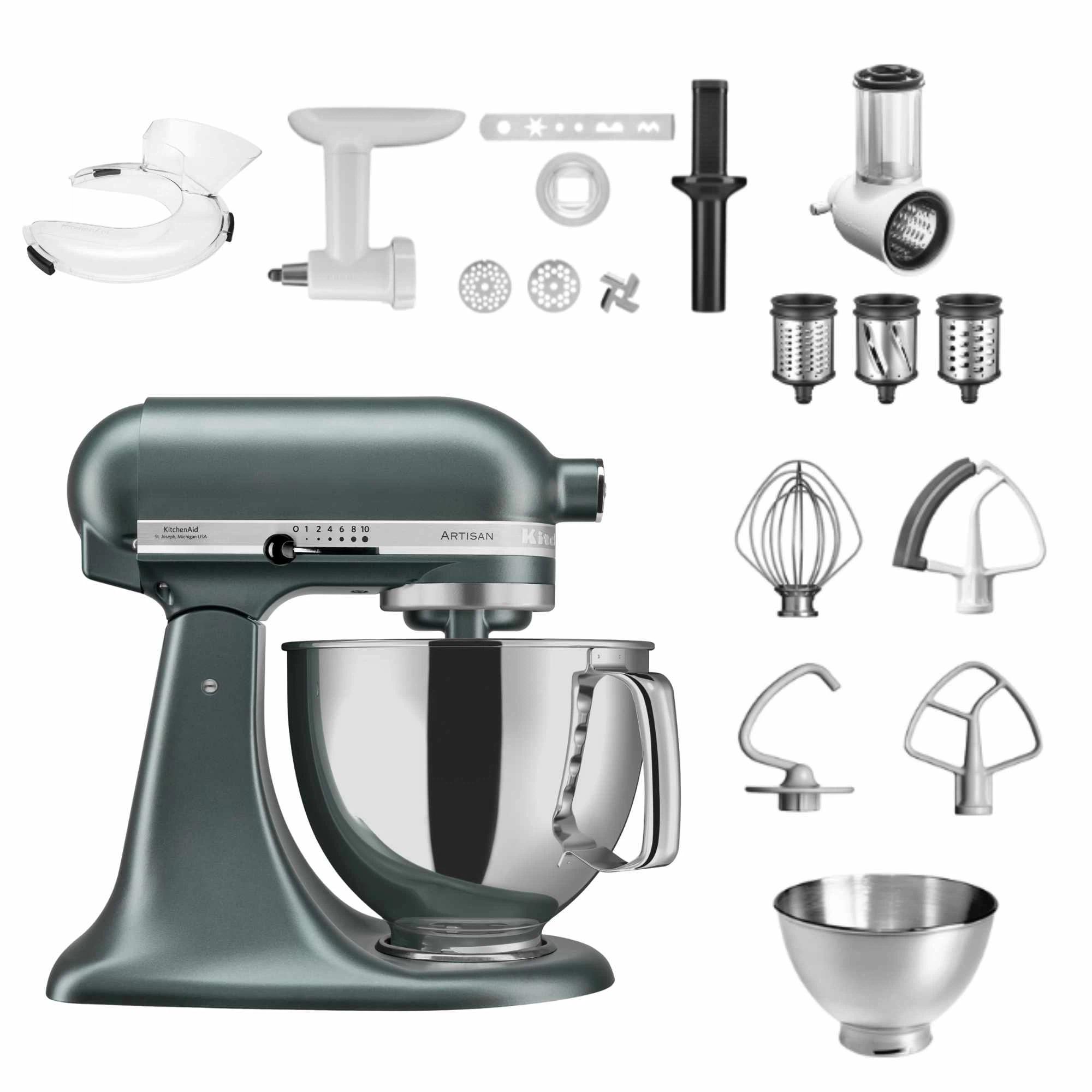 KitchenAid 4,8 L 5KSM175 Artisan Küchenmaschine Allrounderset mit Gemüseschneider+Fleischwolf+Spritzgebäckvorsatz-Juniper (Wacholder)