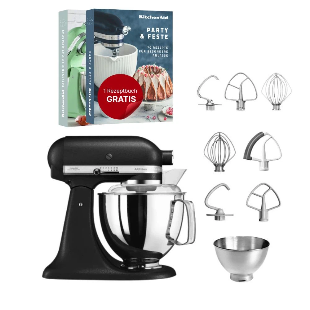 KitchenAid 4,8 L 5KSM175 Artisan Küchenmaschine Steellover mit Edelstahl-Werkzeugen-Gusseisen Schwarz