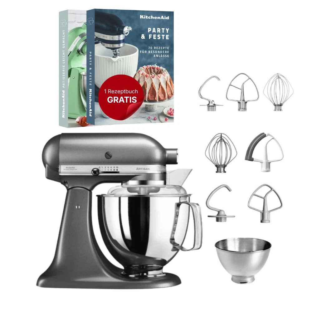 KitchenAid 4,8 L 5KSM175 Artisan Küchenmaschine Steellover mit Edelstahl-Werkzeugen-Medaillon Silber