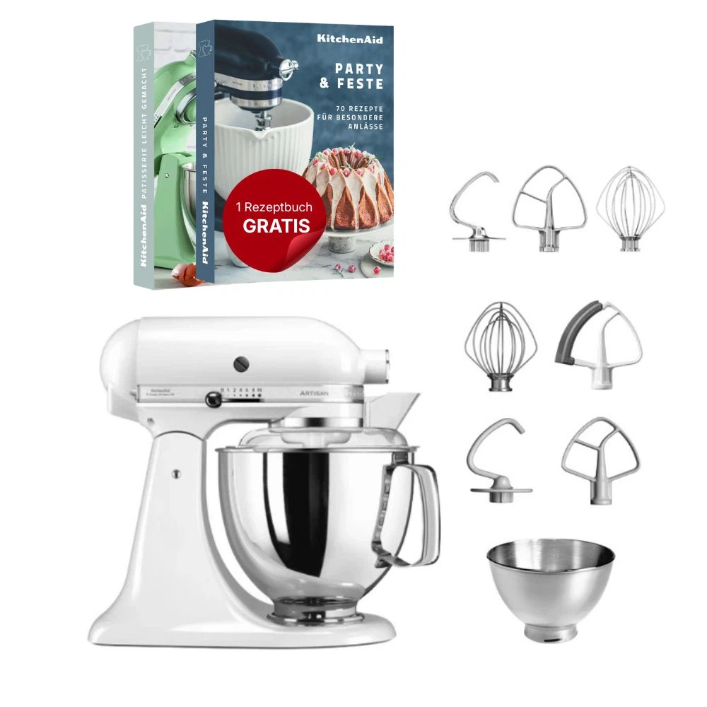 KitchenAid 4,8 L 5KSM175 Artisan Küchenmaschine Steellover mit Edelstahl-Werkzeugen-Weiß