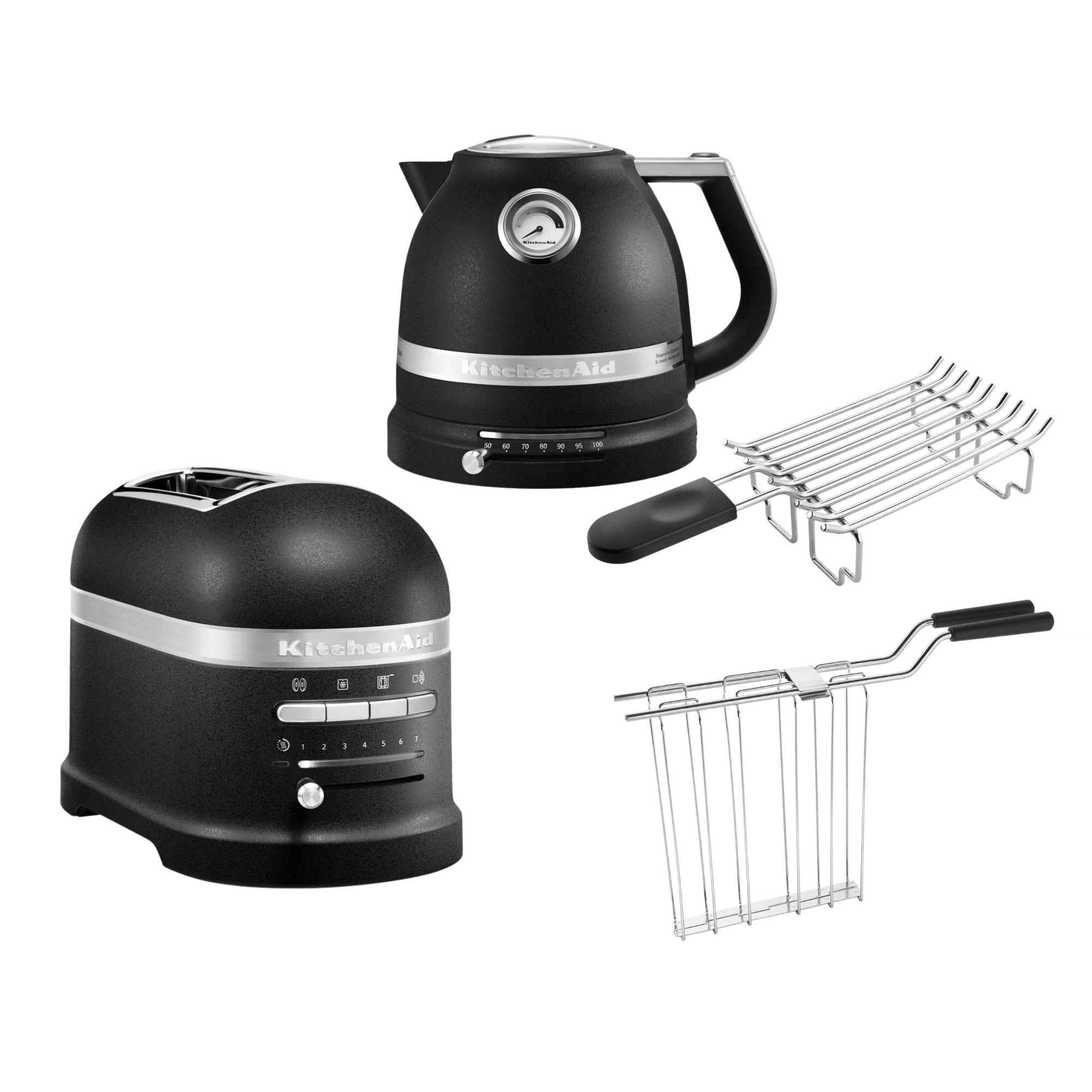 KitchenAid Artisan Frühstücksset inkl. Wasserkocher 5KEK1522, 2 Scheiben Toaster 5KMT2204 und Brötchenaufsatz-Gusseisen Schwarz
