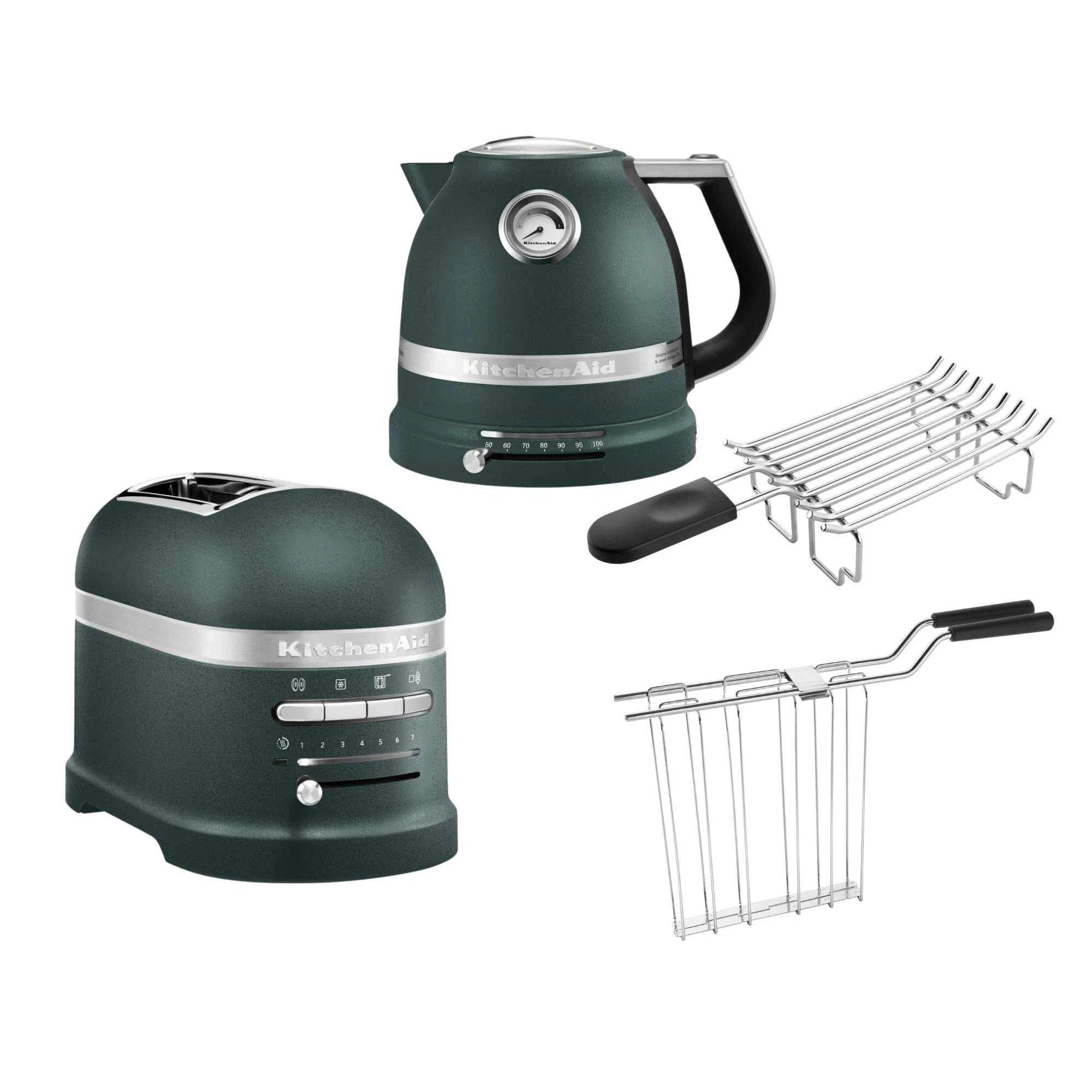 KitchenAid Artisan Frühstücksset inkl. Wasserkocher 5KEK1522, 2 Scheiben Toaster 5KMT2204 und Brötchenaufsatz-Pebbled Palm