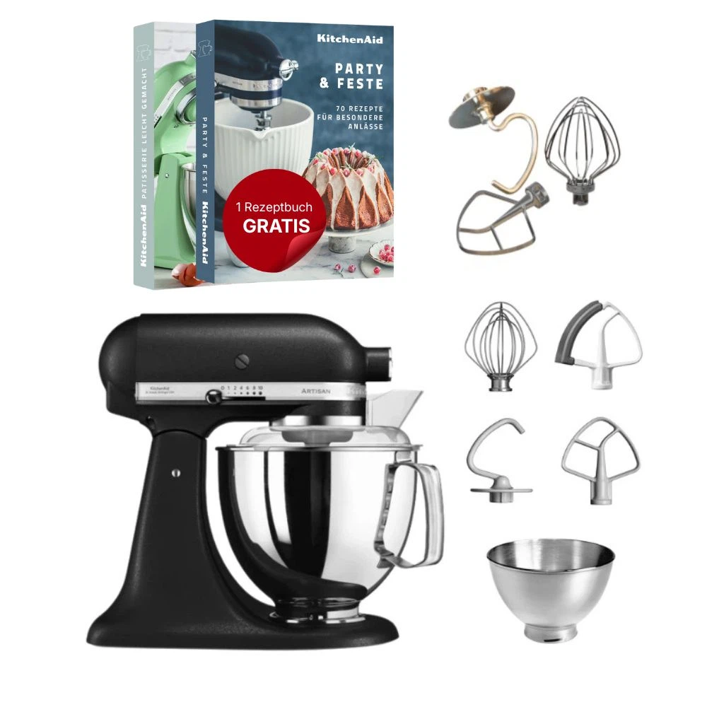 KitchenAid 4,8 L 5KSM175 Artisan Küchenmaschine Tschimmlover mit Tschimmhook Rührelementen-Gusseisen Schwarz
