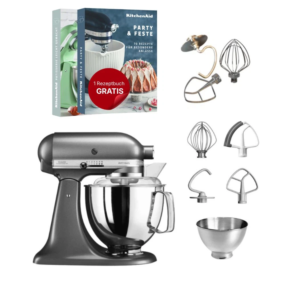 KitchenAid 4,8 L 5KSM175 Artisan Küchenmaschine Tschimmlover mit Tschimmhook Rührelementen-Medaillon Silber