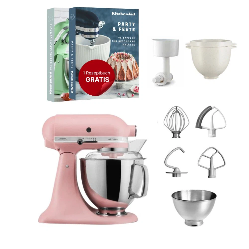 KitchenAid 4,8 L 5KSM175 Artisan Küchenmaschine Breadlover mit Messerschmidt Getreidemühlenvorsatz + Brotbackschüssel-Altrosa