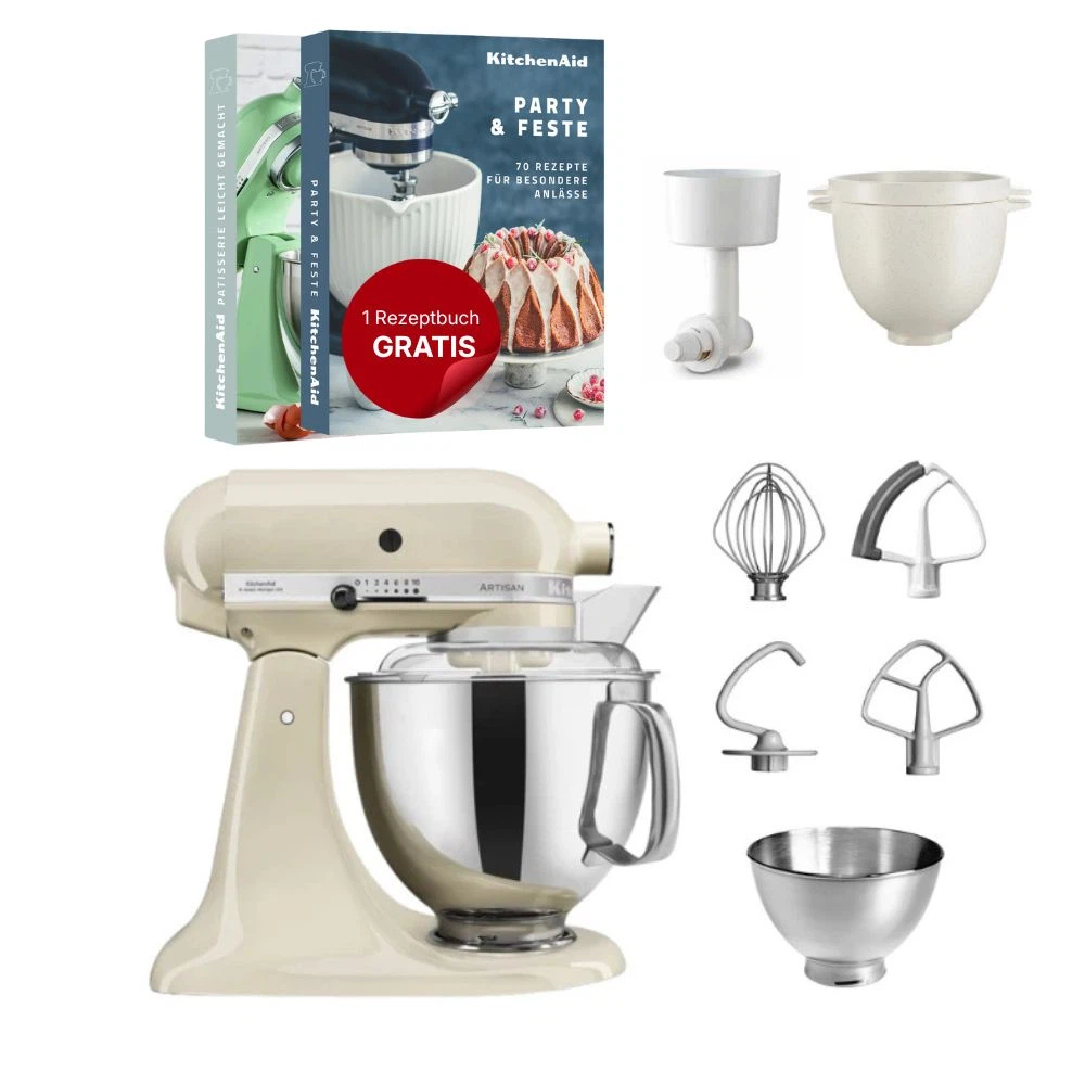KitchenAid 4,8 L 5KSM175 Artisan Küchenmaschine Breadlover mit Messerschmidt Getreidemühlenvorsatz + Brotbackschüssel-Crème