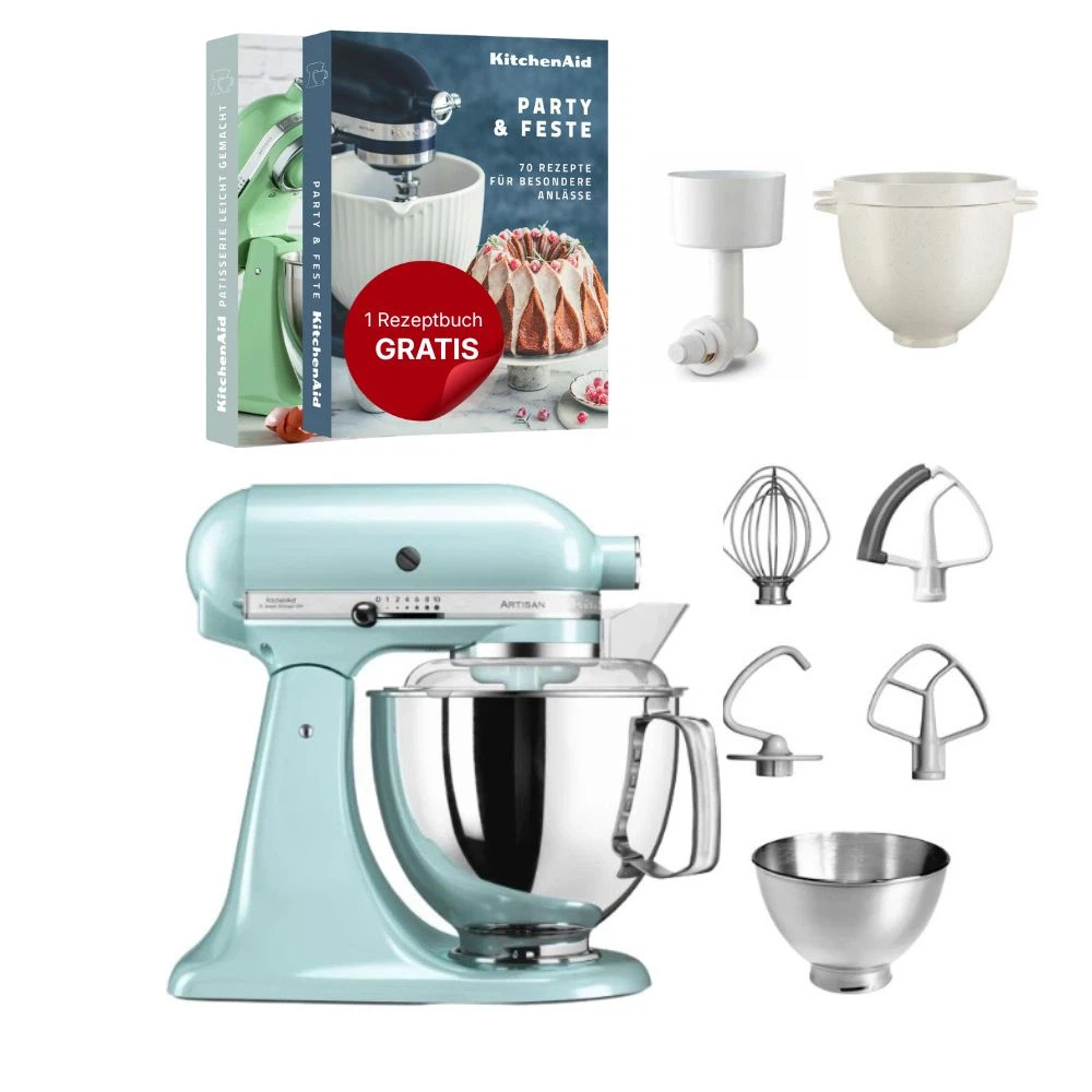 KitchenAid 4,8 L 5KSM175 Artisan Küchenmaschine Breadlover mit Messerschmidt Getreidemühlenvorsatz + Brotbackschüssel-Eisblau