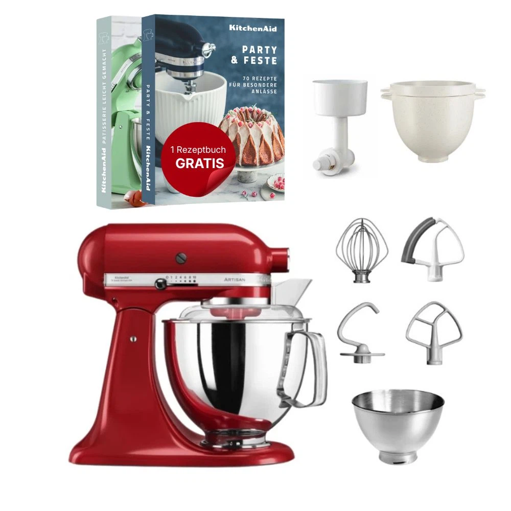 KitchenAid 4,8 L 5KSM175 Artisan Küchenmaschine Breadlover mit Messerschmidt Getreidemühlenvorsatz + Brotbackschüssel-Empire Rot