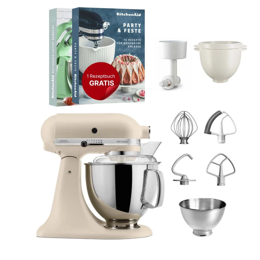 KitchenAid 4,8 L 5KSM175 Artisan Küchenmaschine Breadlover mit Messerschmidt Getreidemühlenvorsatz + Brotbackschüssel-Fresh Linen