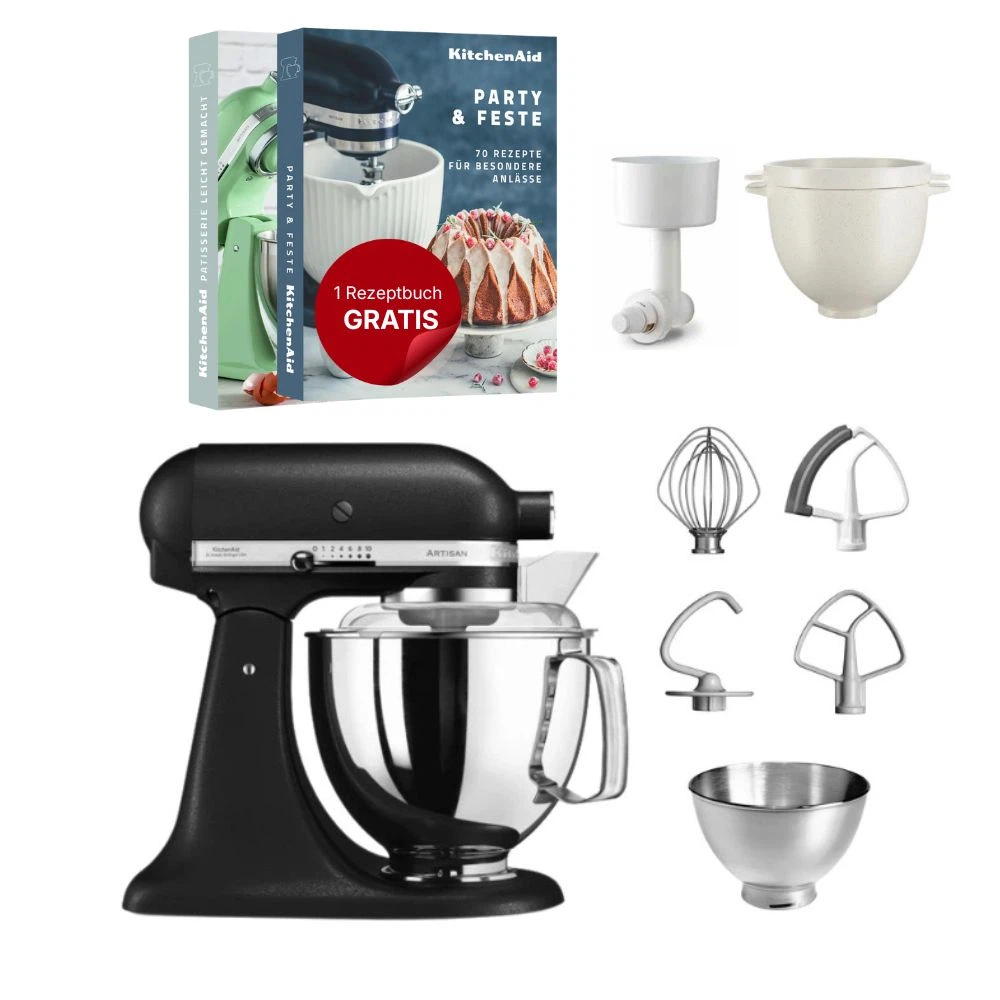 KitchenAid 4,8 L 5KSM175 Artisan Küchenmaschine Breadlover mit Messerschmidt Getreidemühlenvorsatz + Brotbackschüssel-Gusseisen Schwarz