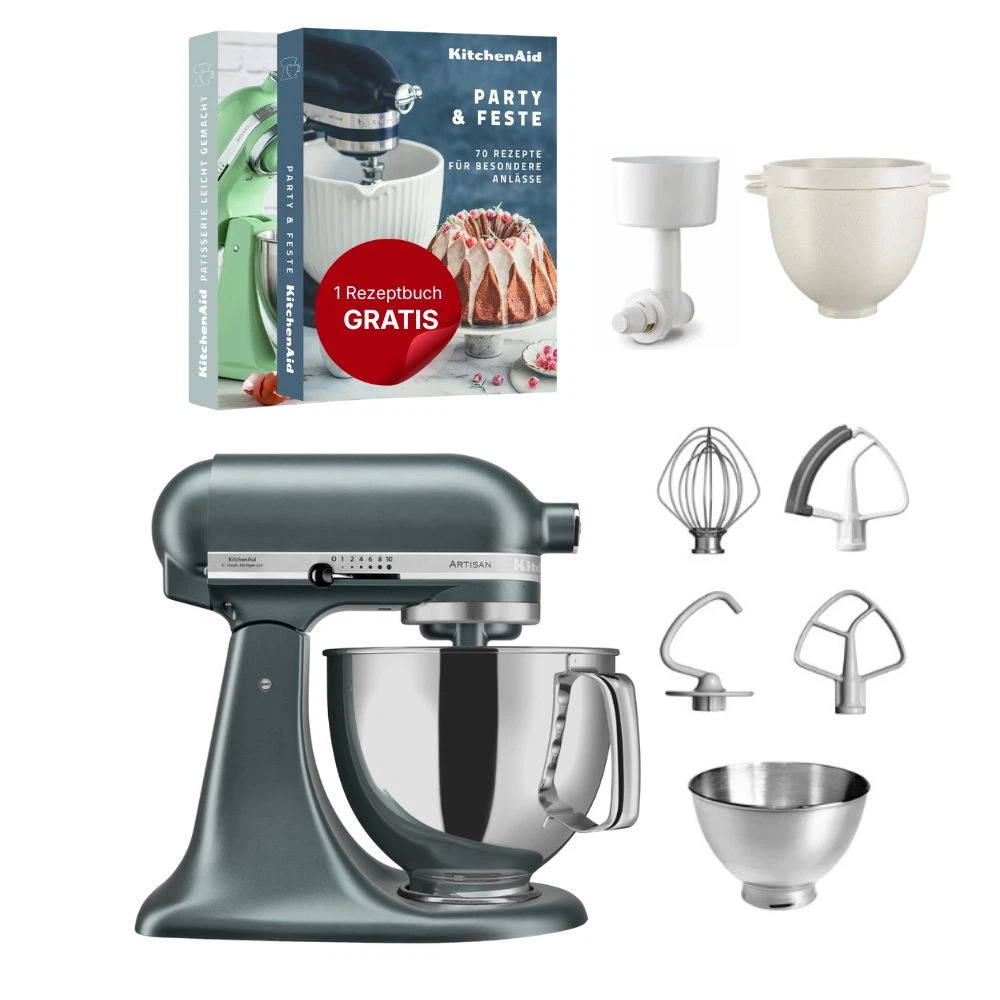 KitchenAid 4,8 L 5KSM175 Artisan Küchenmaschine Breadlover mit Messerschmidt Getreidemühlenvorsatz + Brotbackschüssel-Juniper (Wacholder)