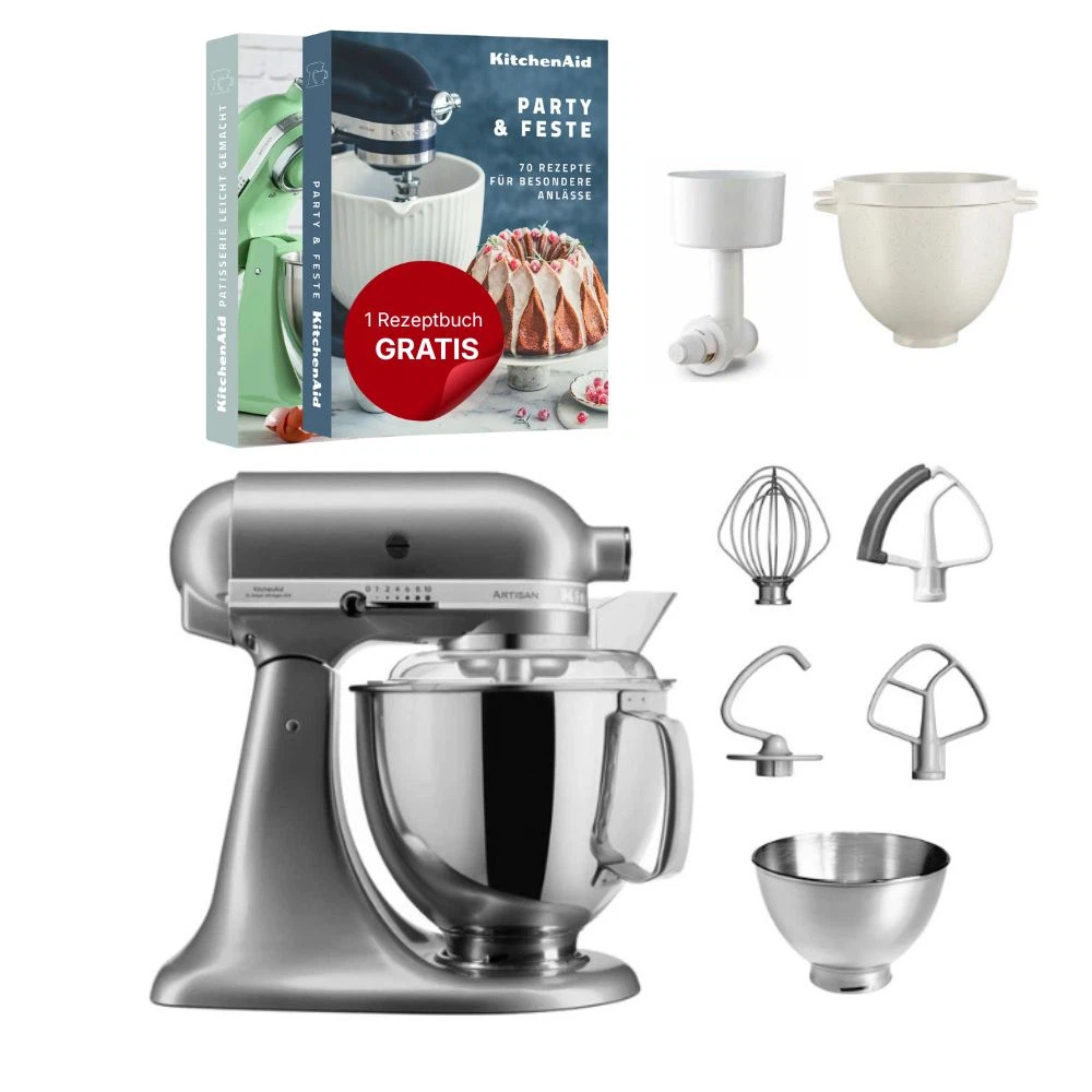 KitchenAid 4,8 L 5KSM175 Artisan Küchenmaschine Breadlover mit Messerschmidt Getreidemühlenvorsatz + Brotbackschüssel-Kontur Silber