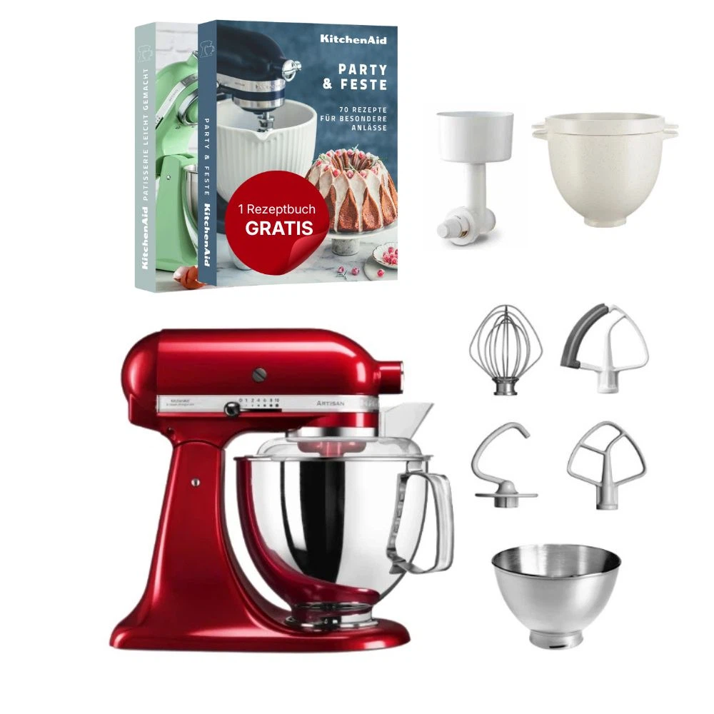 KitchenAid 4,8 L 5KSM175 Artisan Küchenmaschine Breadlover mit Messerschmidt Getreidemühlenvorsatz + Brotbackschüssel-Liebesapfelrot