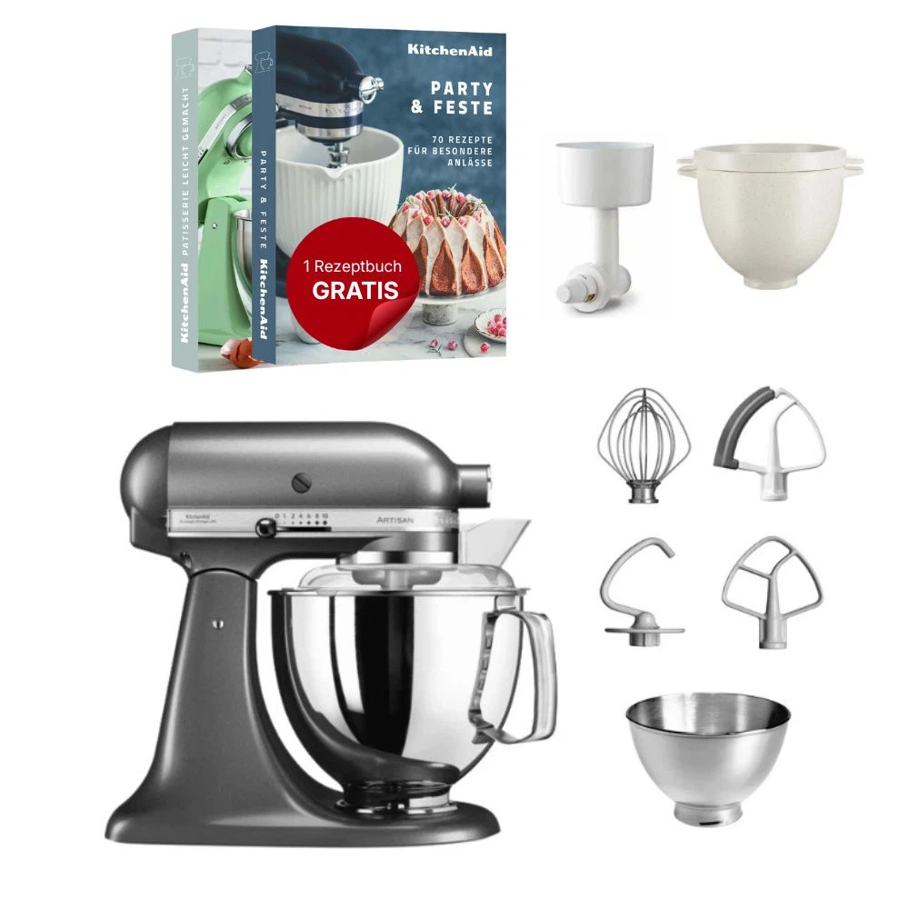 KitchenAid 4,8 L 5KSM175 Artisan Küchenmaschine Breadlover mit Messerschmidt Getreidemühlenvorsatz + Brotbackschüssel-Medaillon Silber