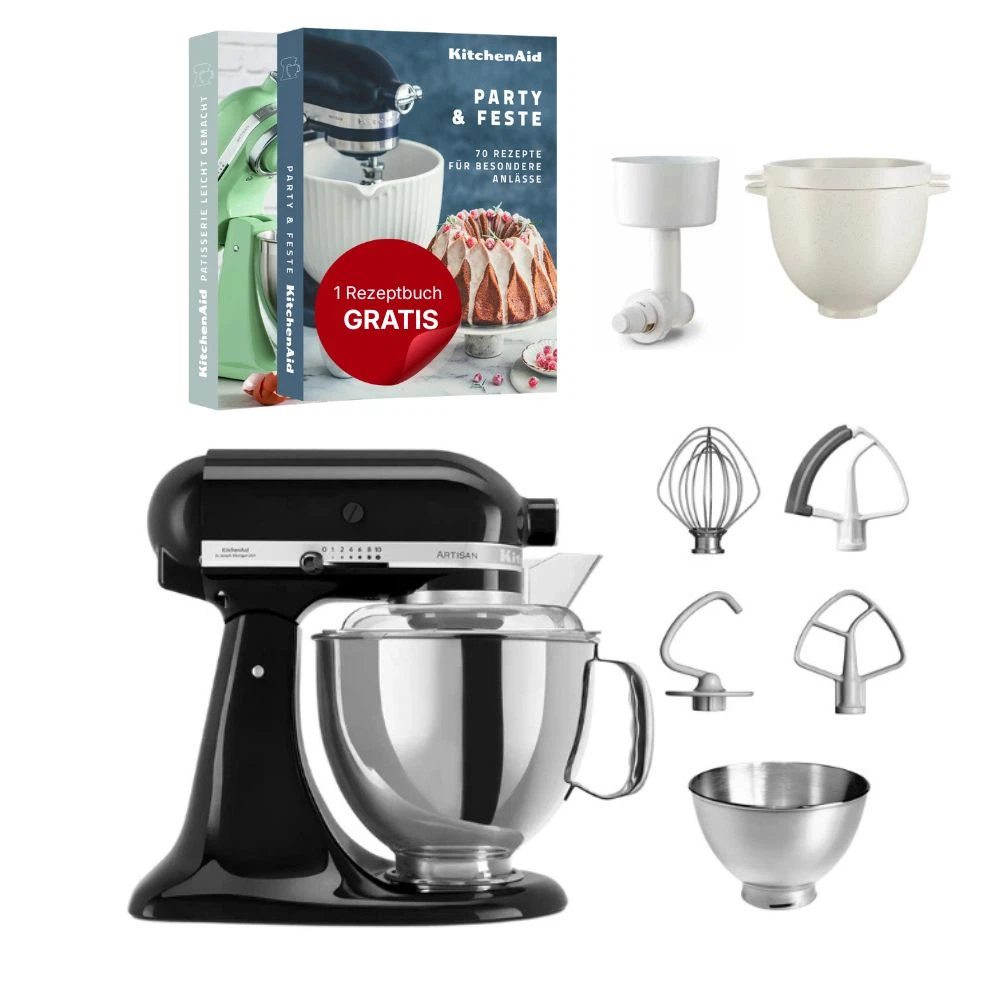 KitchenAid 4,8 L 5KSM175 Artisan Küchenmaschine Breadlover mit Messerschmidt Getreidemühlenvorsatz + Brotbackschüssel-Onyx Schwarz