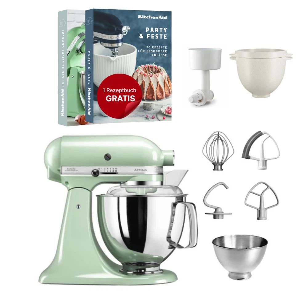 KitchenAid 4,8 L 5KSM175 Artisan Küchenmaschine Breadlover mit Messerschmidt Getreidemühlenvorsatz + Brotbackschüssel-Pistazie
