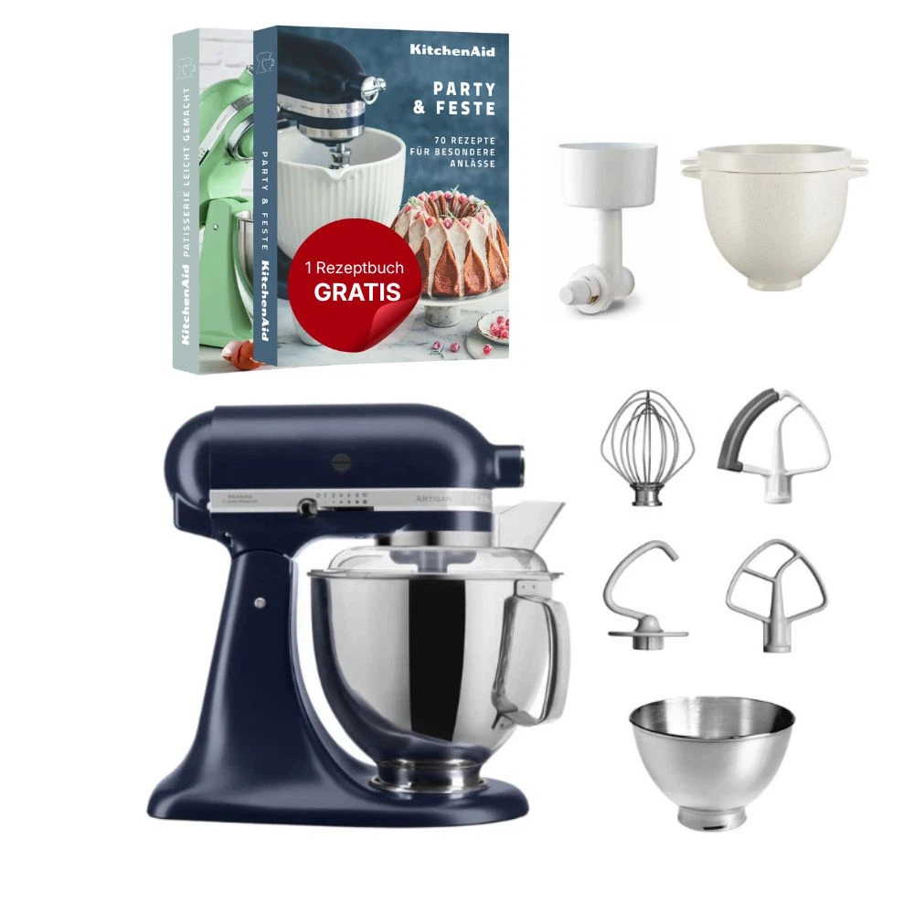 KitchenAid 4,8 L 5KSM175 Artisan Küchenmaschine Breadlover mit Messerschmidt Getreidemühlenvorsatz + Brotbackschüssel-Tintenblau